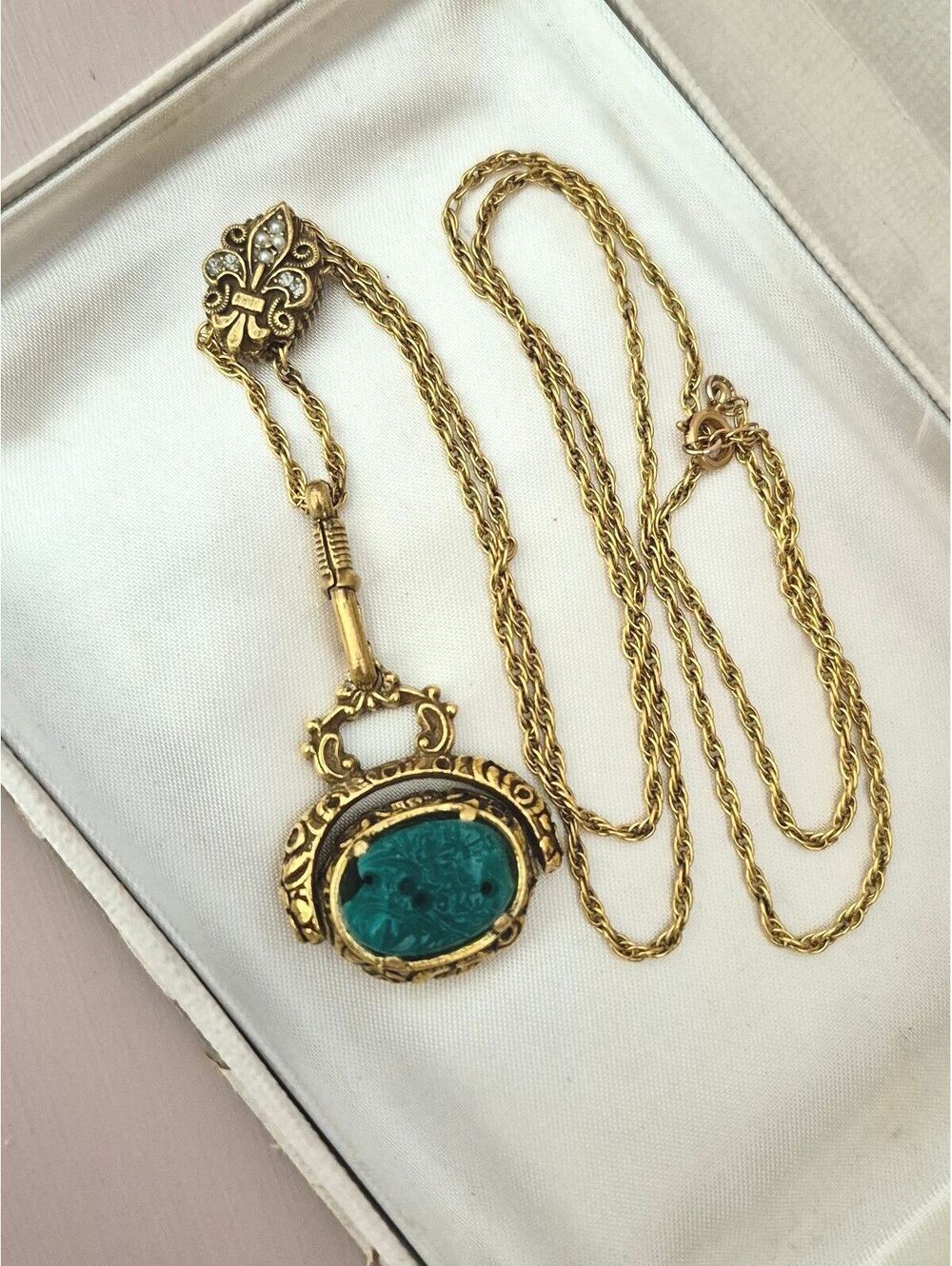 Vintage Pocket Watch Fob Chain Spinner Green Glass Fleur de Lis Slider Necklace
